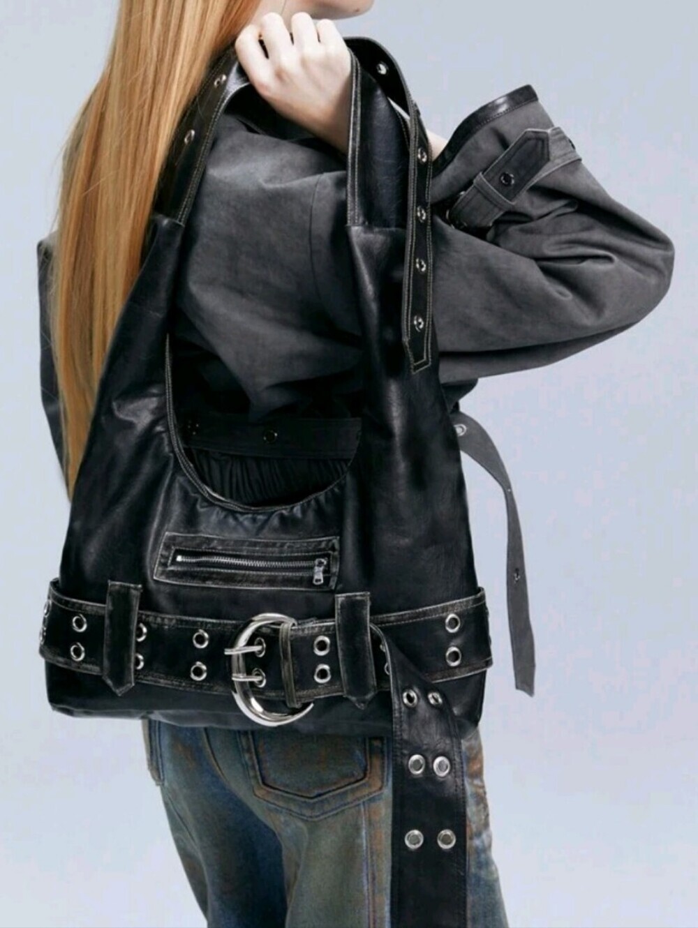 Black Leather Studded Belt-Tote Bag